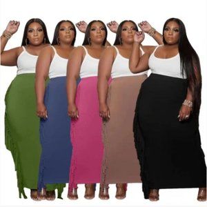 Brushed Plus Size Printed Long Skirt with Fringed